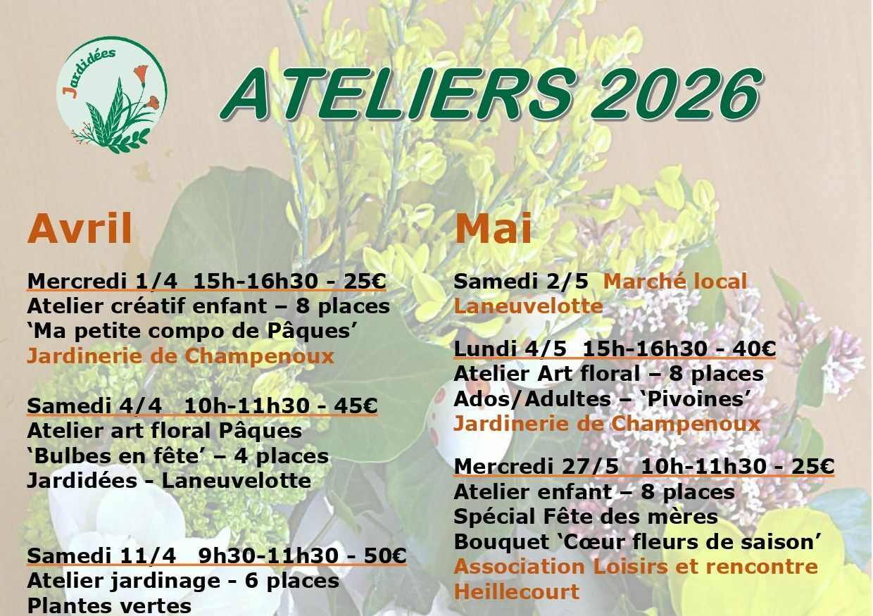 ateliers d'art floral et de jardinage pratique pour enfants ou ados/adultes